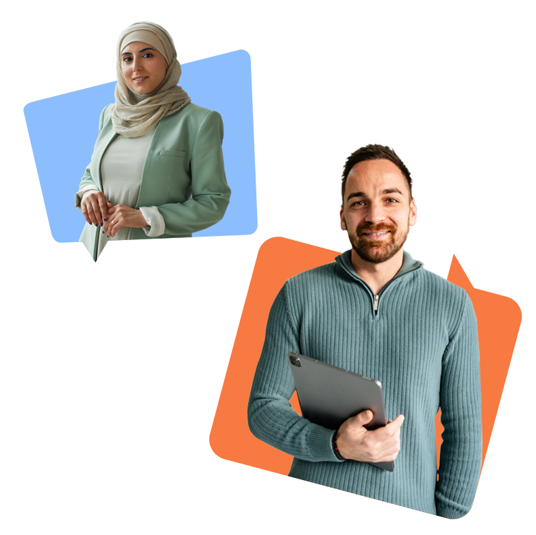 Young woman wearing a head scarf and young man in turquoise jumper