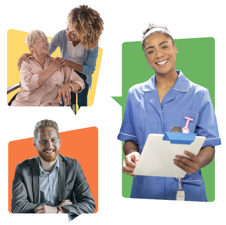 Female care givers, NHS worker and professional, young business man