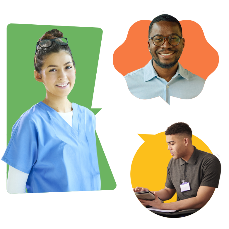 Young female nurse, male business professional and young male carer on smart tablet